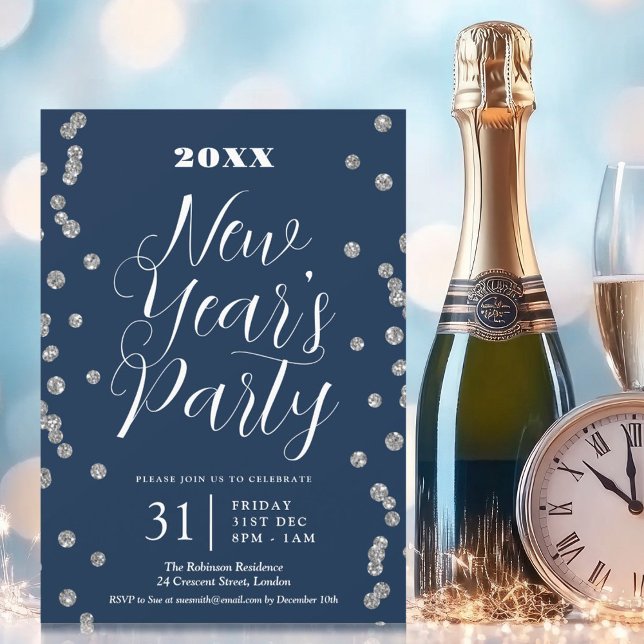 New Years Eve Silver Glitter Confetti Navy  Invitation (New Years Eve Silver Glitter Confetti Navy Invitation)