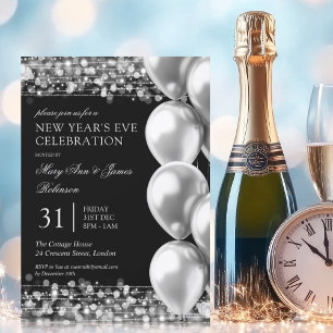 New Years Eve Silver Shimmering Lights Balloons Invitation