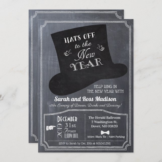 New Years Eve Top Hat Chalk Invitation (Front/Back)