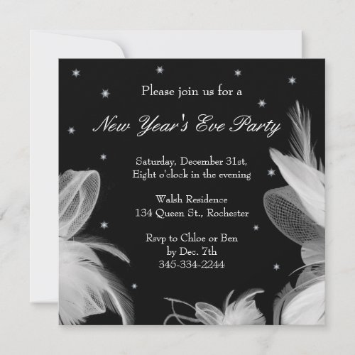 New Years Eve Winter White Feathers Invitation