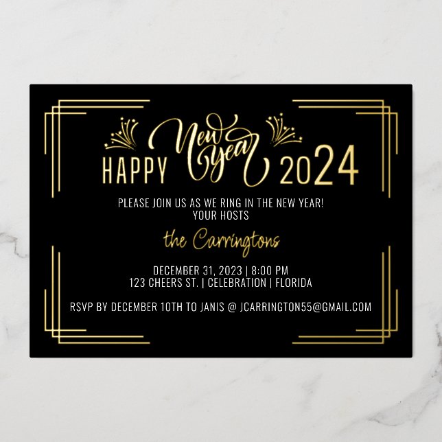 New Year's Gold & Black Party Foil Invitation (Front)