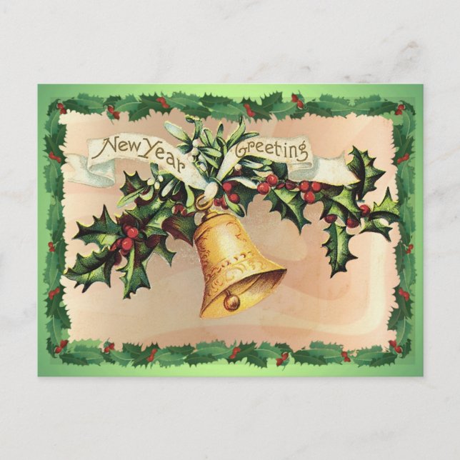 NEW YEARS GREETINGS & HOLLY by SHARON SHARPE Holiday Postcard (Front)