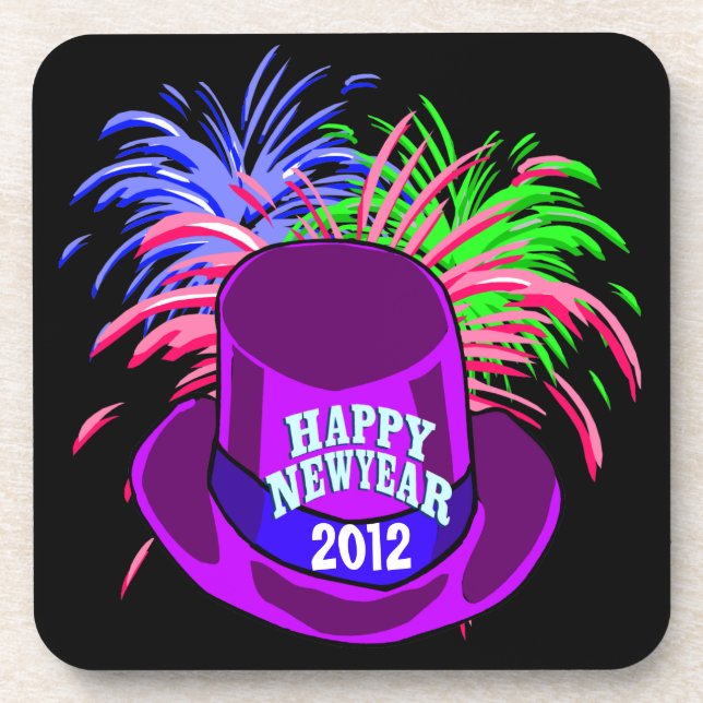 New Year's Hat And Fire Works Square Coasters (Front)