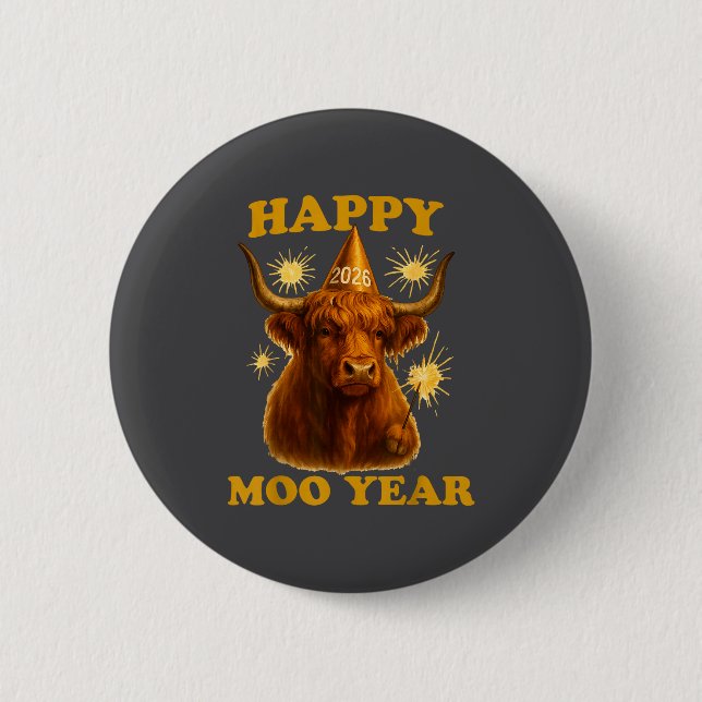 New Years Highland Cow Scottish Nye Party Farm Ani Button (Front)