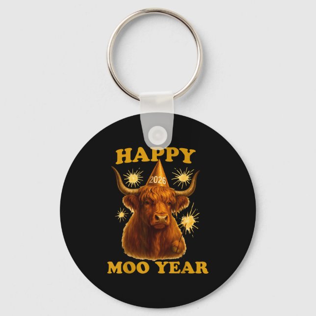 New Years Highland Cow Scottish Nye Party Farm Ani Keychain (Front)