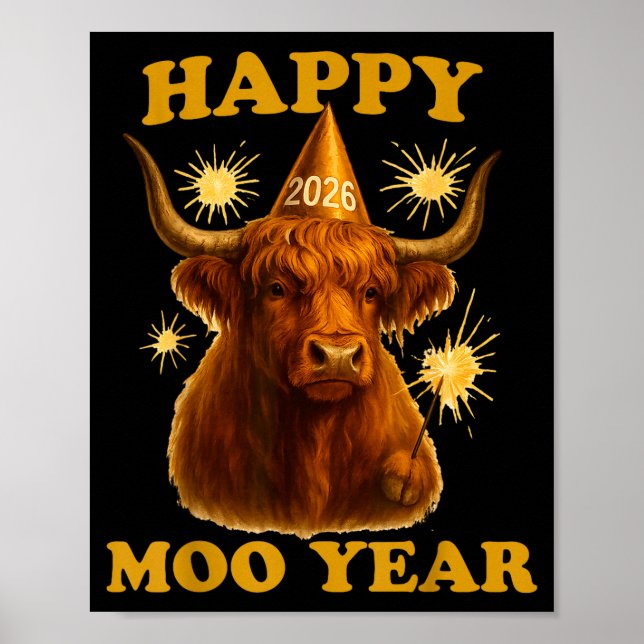 New Years Highland Cow Scottish Nye Party Farm Ani Poster (Front)