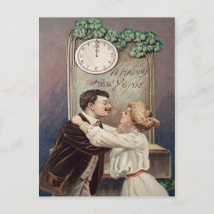 New Year's Kiss Four Leaf Clover Clock Holiday Postcard