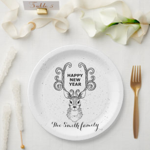 New Year's magic black and white reindeer Paper Plates