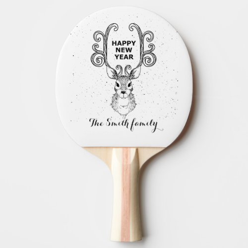 New Years magic black and white reindeer    Ping Pong Paddle