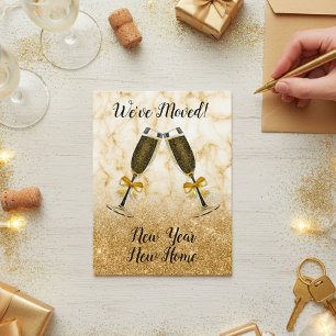New Years Moving Announcement Moved Gold Champagne Postcard