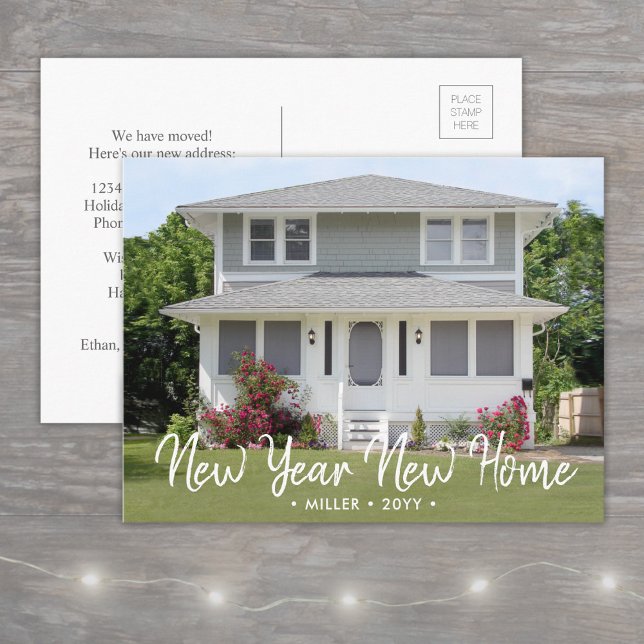New Years New Home Script Photo Holiday Moving Announcement Postcard (Creator Uploaded)