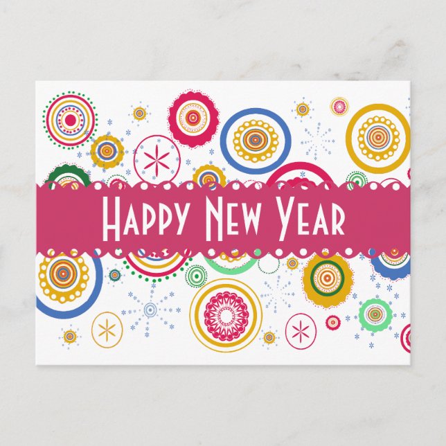 New Year's Partee! Cool Colorful Funky Circles Holiday Postcard (Front)