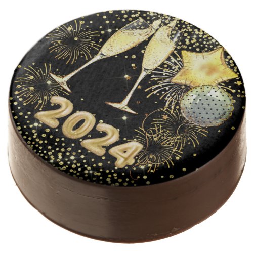 New Years Party 2024 Gold Glitter On Black Chocolate Covered Oreo