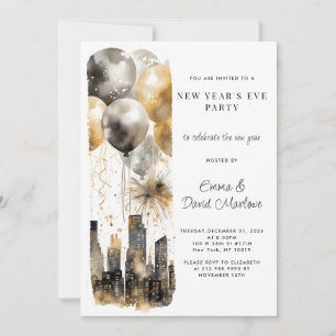 New Year's Party 2025 Gold Glitter Balloons City Invitation