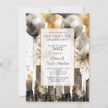 New Year's Party 2025 Gold Glitter Balloons City Invitation