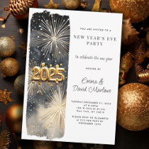 New Year's Party 2025 Gold Glitter Fireworks Invitation