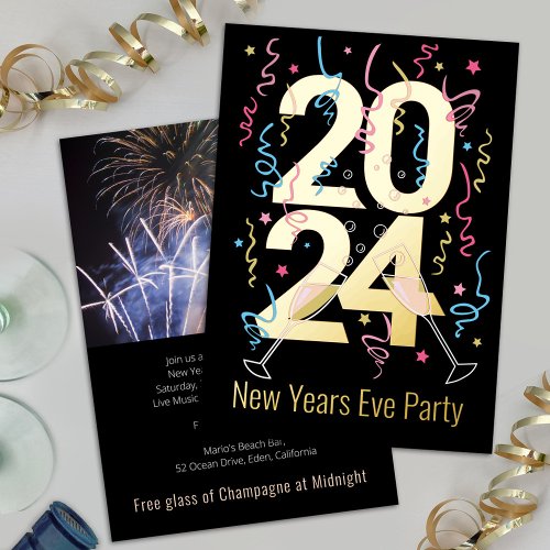 New Years Party champagne glasses celebration 2024 Foil Invitation