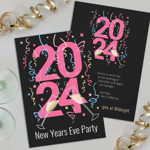 New Years Party champagne glasses celebration 2024 Invitation