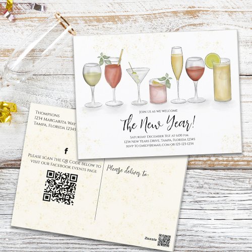 New Years Party Cocktail Drinks QR Code Events  Postcard