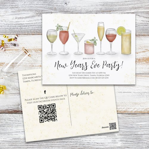 New Years Party Cocktail Drinks QR Code Events Postcard