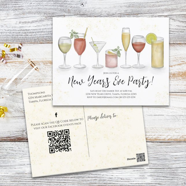 New Years Party Cocktail Drinks QR Code Events Postcard (Creator Uploaded)