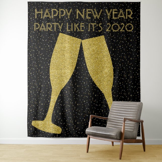 New Years Party Glitter Champagne Photo Backdrop (In Situ)