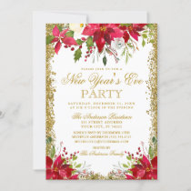 New Years Party Gold Glitter Floral Poinsettia Invitation