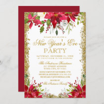 New Years Party Gold Glitter Floral Red Poinsettia Invitation