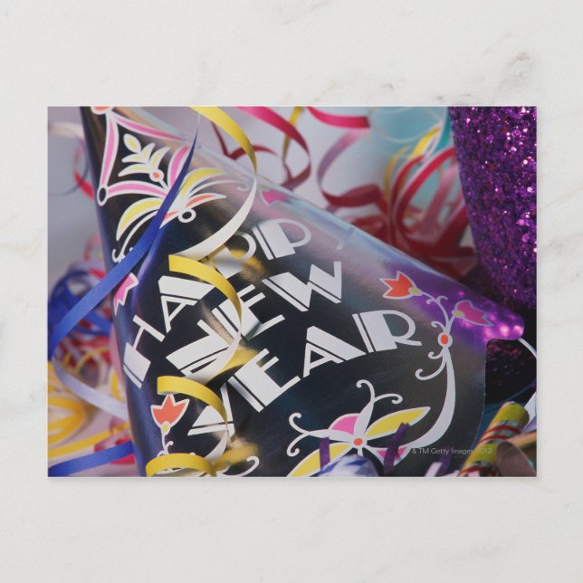 New Year's party hats and streamers Holiday Postcard (Front)