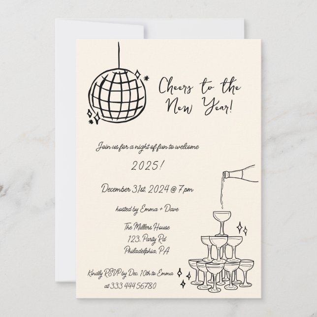 New Years Party Invite hand drawn scribble (Front)