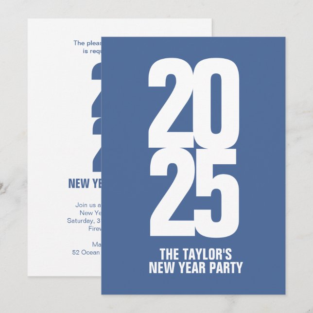 New Years Party or event Typographic blue white Invitation (Front/Back)
