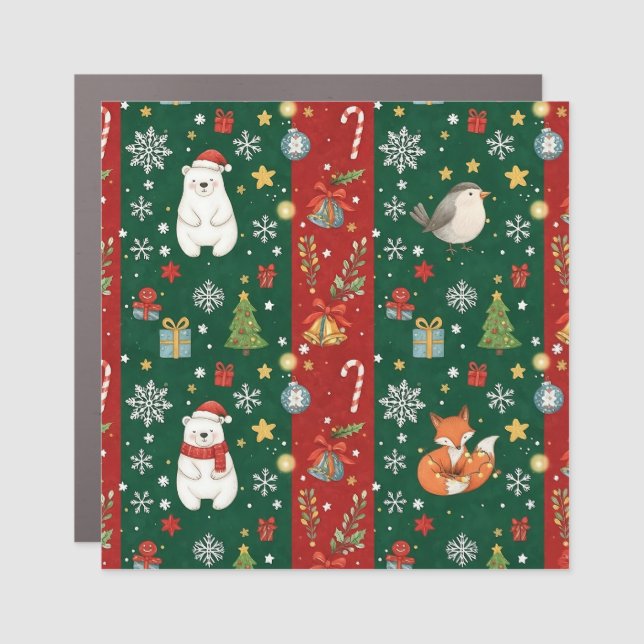 New Year's print, bear, Christmas tree, fox, bird, Car Magnet (Front)