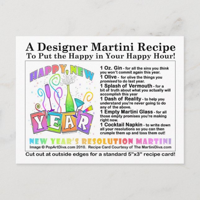 New Year's Resolution Martini Recipe Card Postcard (Front)