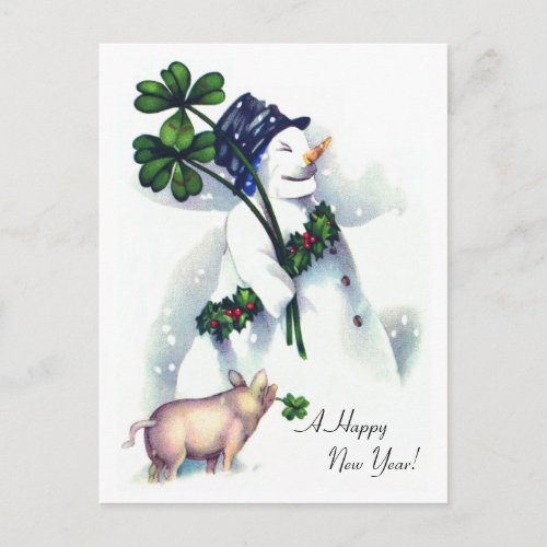 New Years Snowman with Lucky Pig Holiday Postcard