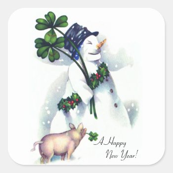 New Year's Snowman With Lucky Pig Square Sticker by vintagechest at Zazzle