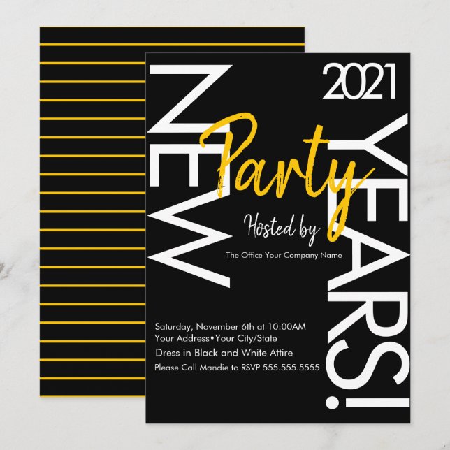 New Years White Yellow Typography Company Event Invitation (Front/Back)