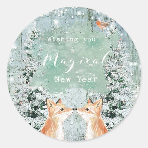 new years winter holiday snow fox woodland classic round sticker