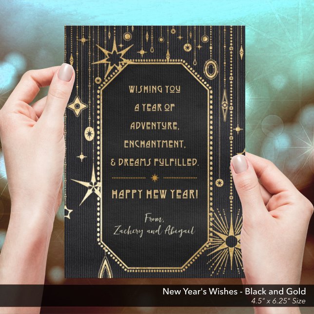 New Year's Wishes Black and Gold Photo Holiday Card (New Year's Wishes Black and Gold Holiday Card)