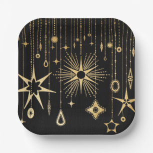 New Year's Wishes Stars Black and Gold Paper Plates