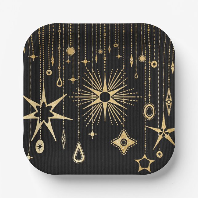 New Year's Wishes Stars Black and Gold Paper Plates (Front)