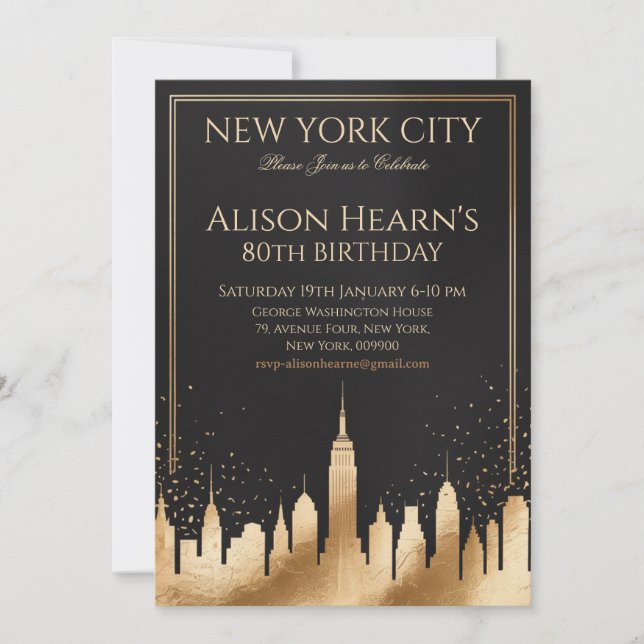 New York 80th Birthday Gold Black Invitation (Front)
