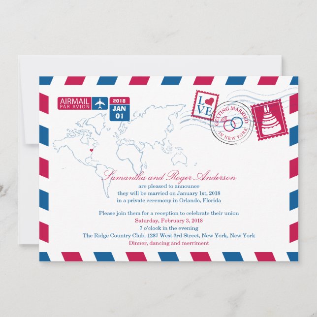 New York Airmail Post Wedding Reception Invitation (Front)