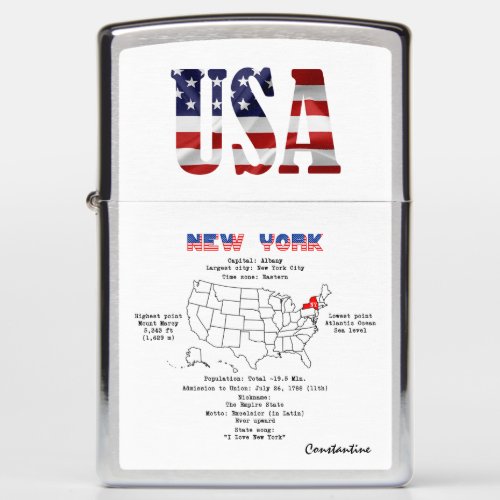 New York American state on a map and useful info Zippo Lighter