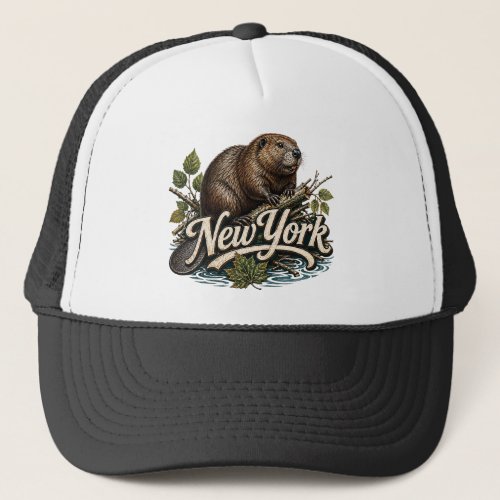 New York Beaver Wildlife Retro Art Trucker Hat