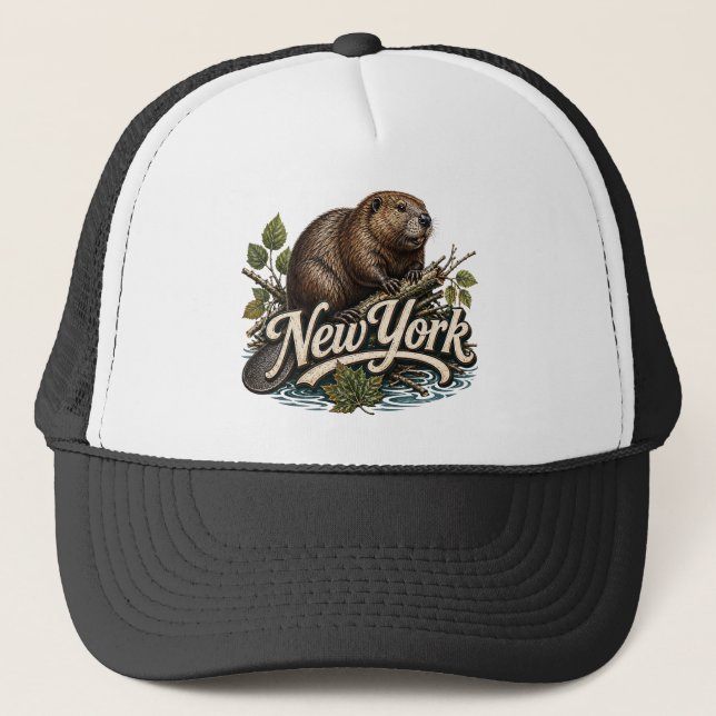 New York Beaver Wildlife Retro Art Trucker Hat (Front)
