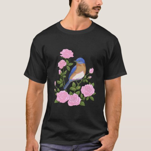 New York Bluebird Pretty Pink Roses State Bird Flo T_Shirt