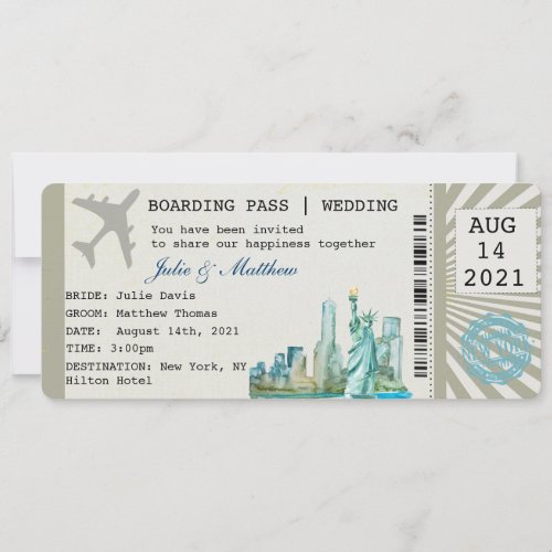 New York Boarding Pass Ticket Wedding Invitation