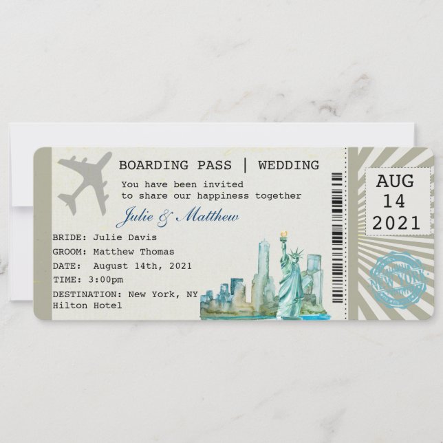 New York Boarding Pass Ticket Wedding Invitation (Front)