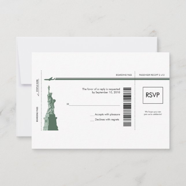 New York Boarding Pass Wedding RSVP Card (Front)