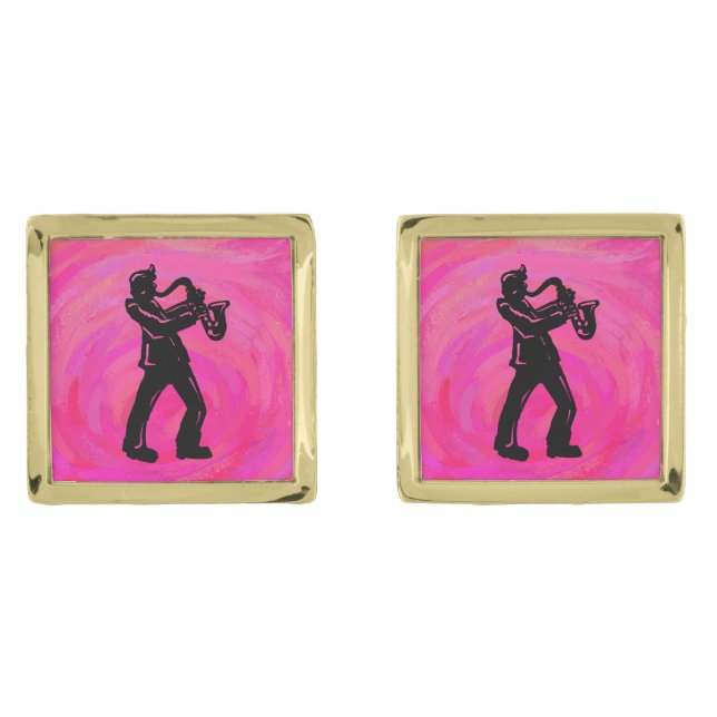 New York Boogie Nights Saxophone Hot Pink Gold Cufflinks (Front)